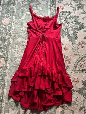 Scarlet Darkness Women's Red Lace-Trim High-Low Slip Dress with Ruffle Hem 0XL